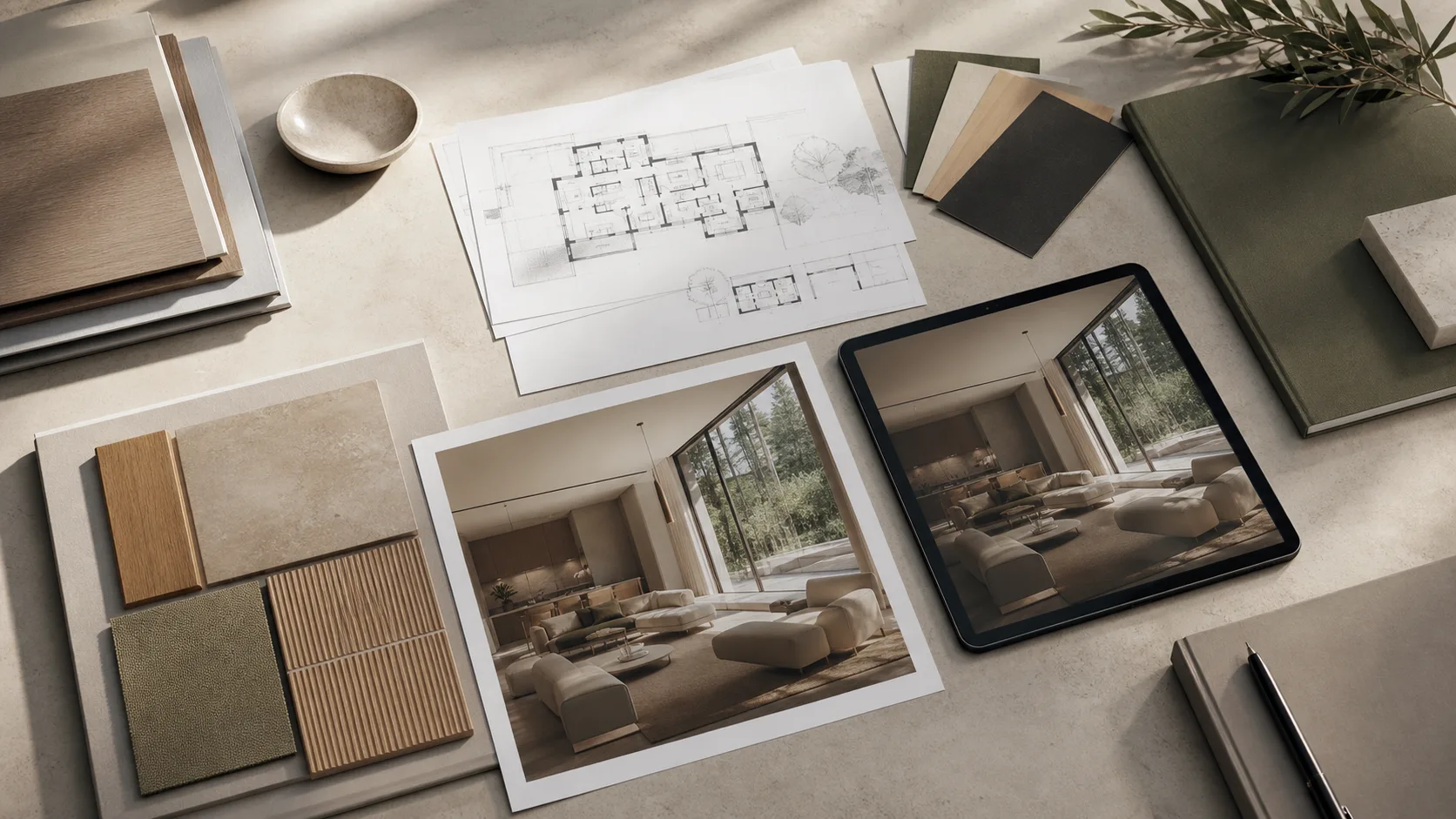Planunterlagen, Materialkonzept und möblierte Innenraumbilder im Homestaging-Workflow