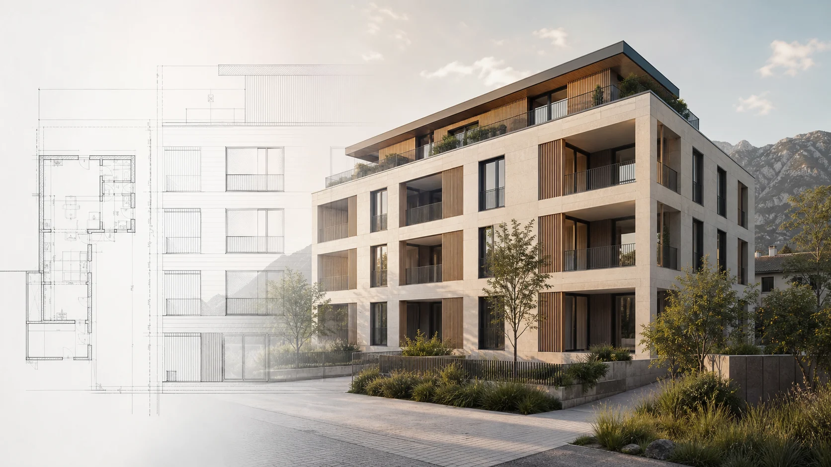 Wettbewerbsvisualisierung mit überlagerter Architekturzeichnung und ausgearbeitetem Wohnungsbauentwurf