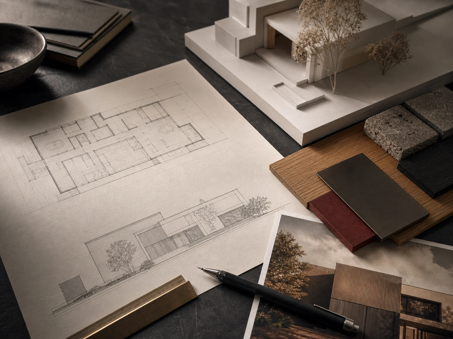 Wettbewerbsunterlagen, Architekturmodell und Materialkonzept als Grundlage der Visualisierung