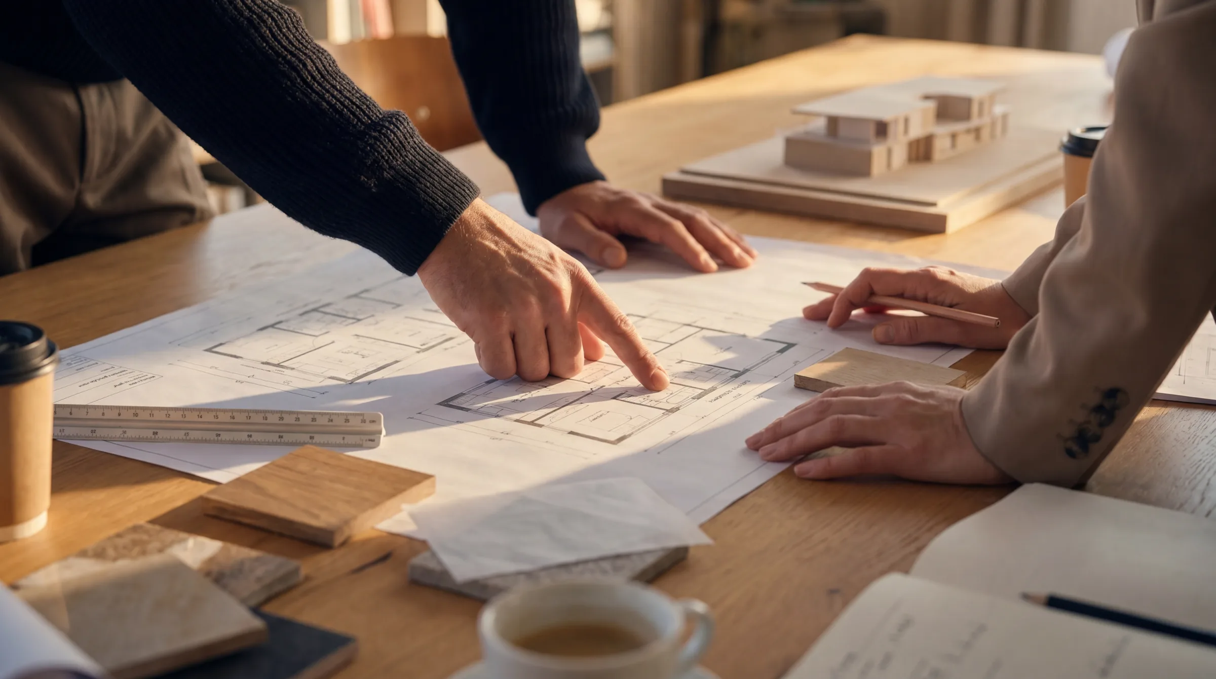 Architekturpläne und Materialproben als Grundlage einer Architekturanimation